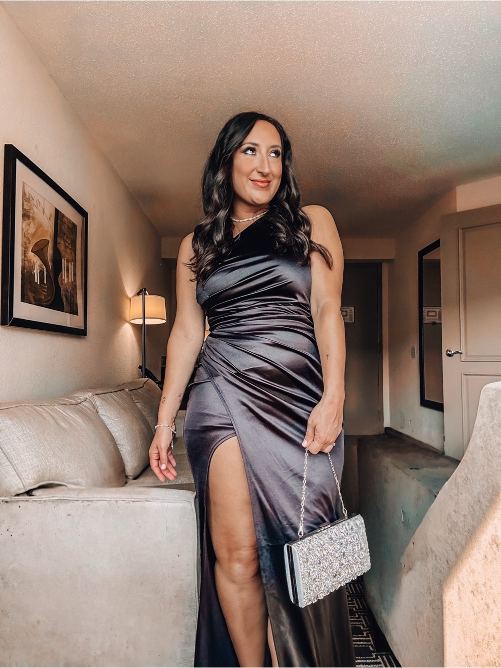 Satin One-Shoulder Black Evening Dress